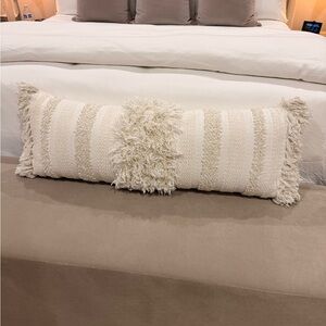 Anthropologie Cream and Tan Striped Fringed Pillow